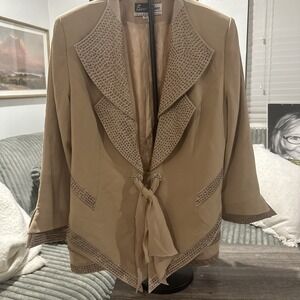 Vintage Ben Marc Womens Suit Jacket Blazer Tan Embellished Studded Rhinestone 12